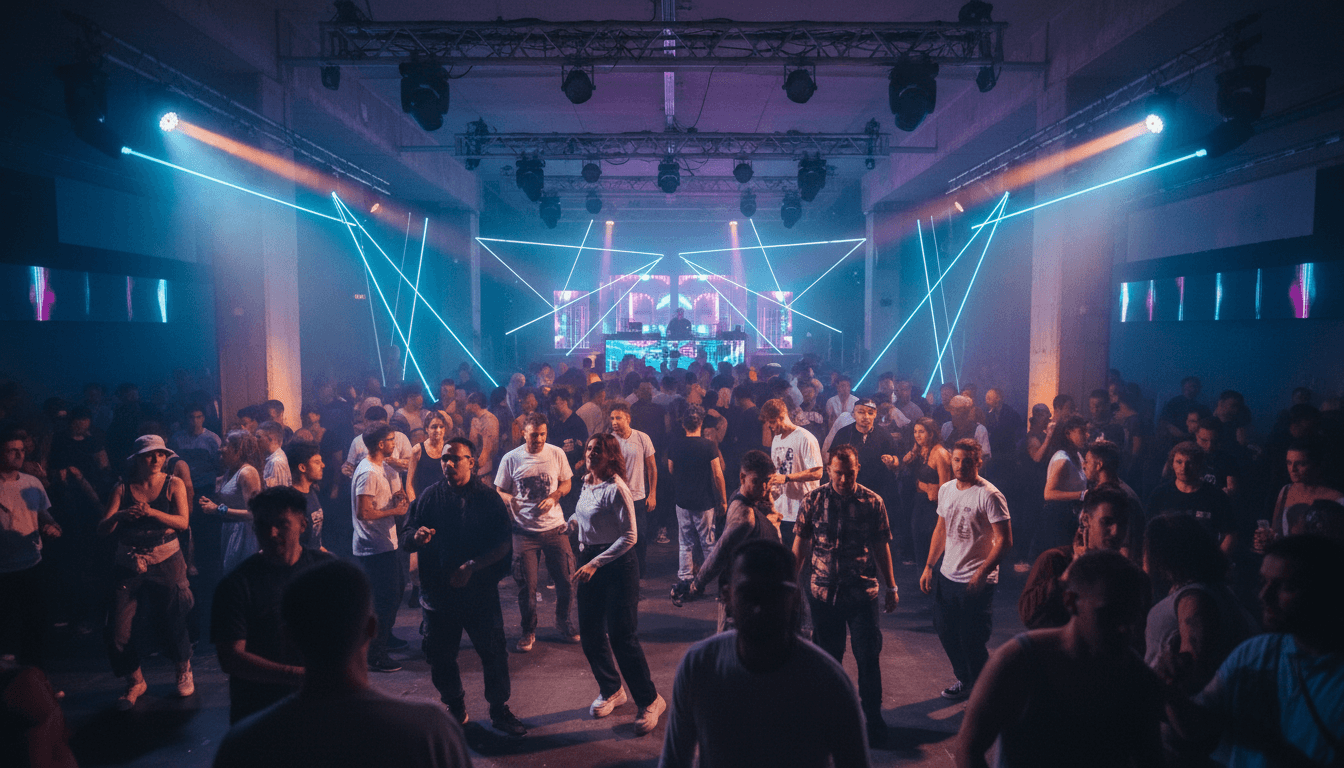Público bailando en una fiesta animada con luces de colores