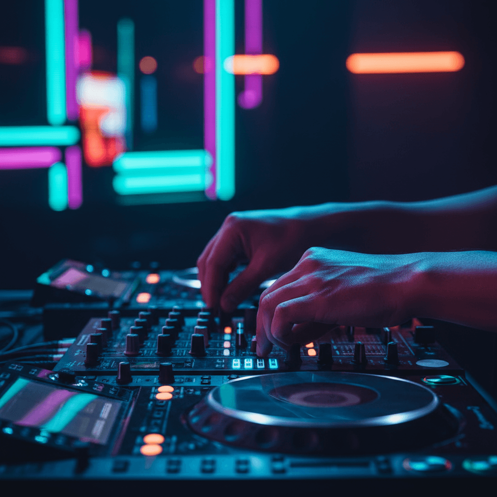 DJ mezclando música en directo en un evento con luces de colores