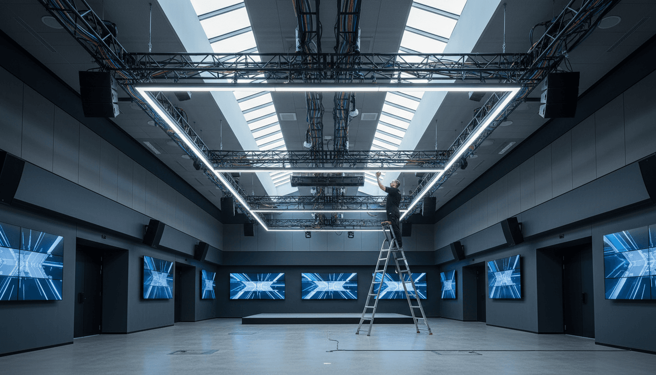 Equipo de sonido e iluminación profesional montado en un salón de eventos