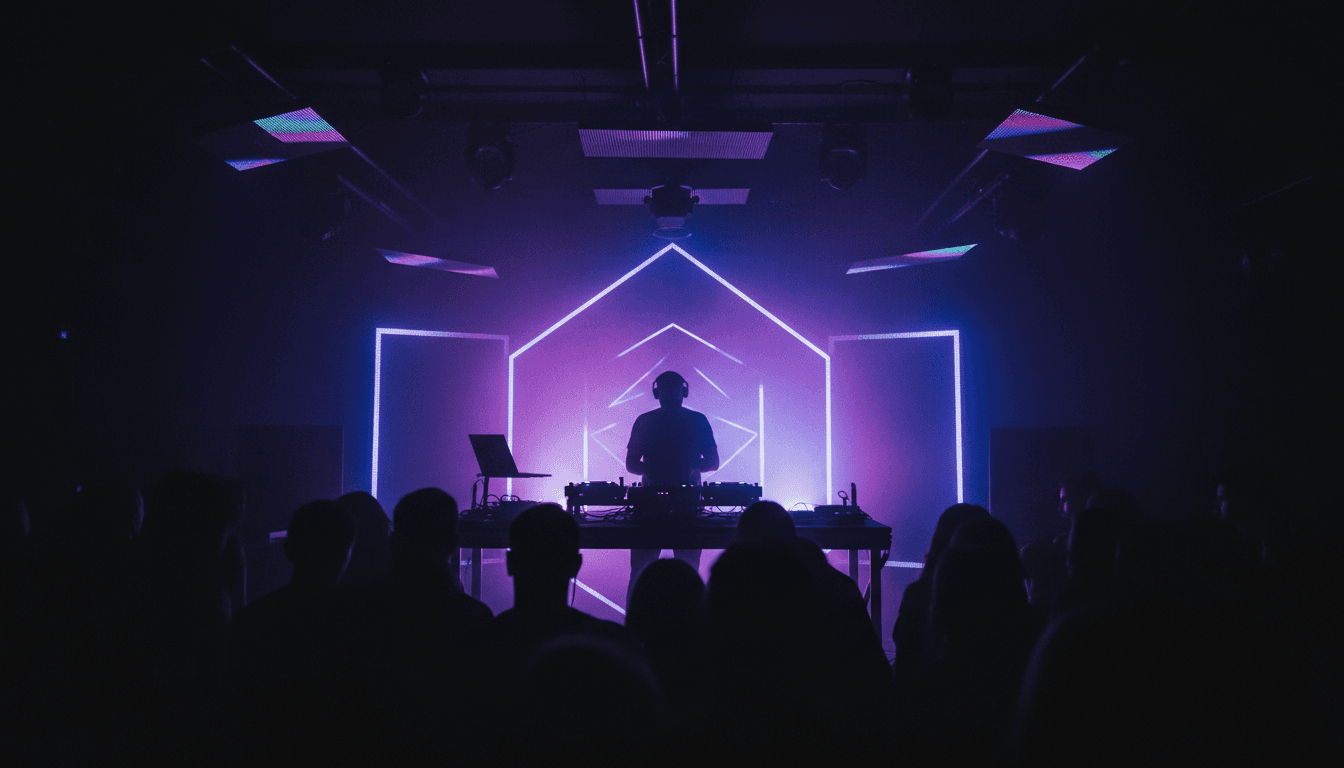 DJ animando la pista de baile con luces de colores en un evento en Madrid