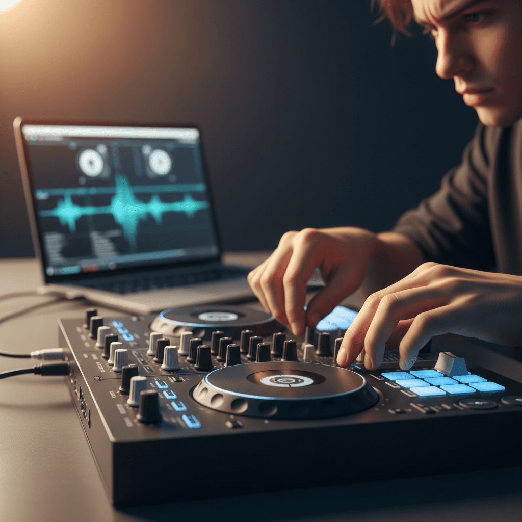 DJ profesional mezclando música en un controlador moderno