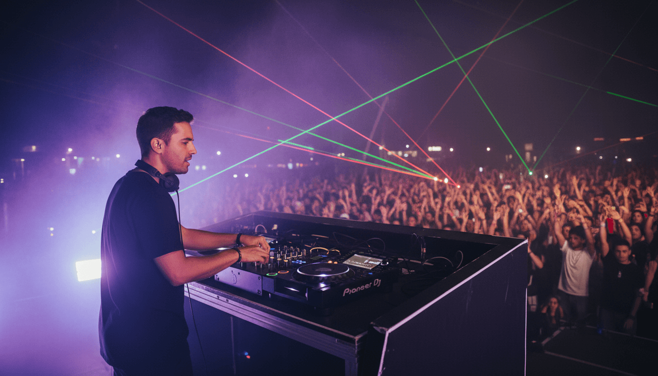 DJ profesional mezclando música con luces de colores en un evento en vivo
