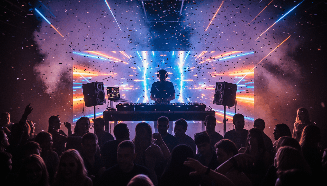 DJ mezclando música en una controladora profesional con luces de colores en el escenario