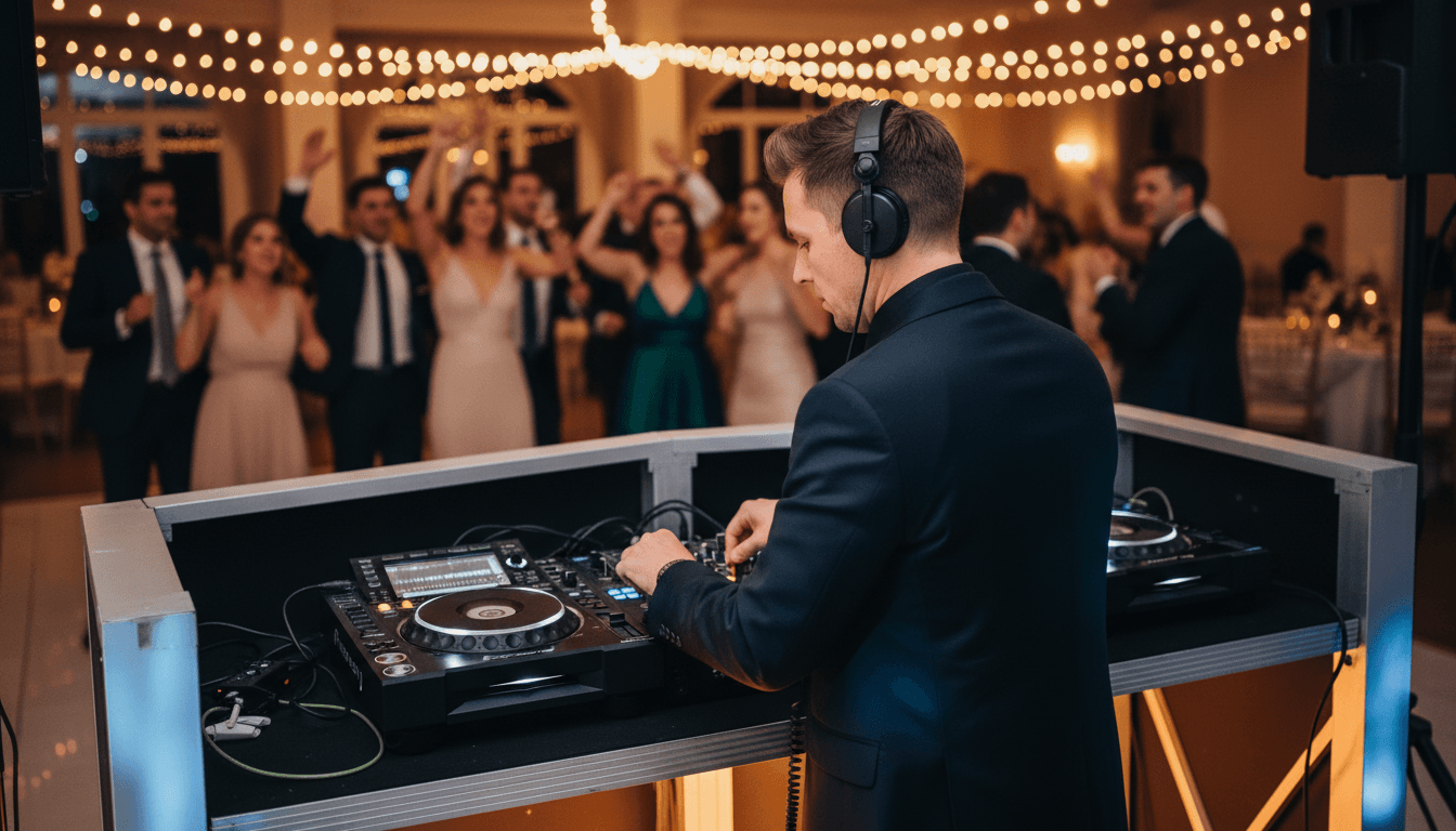 DJ animando una boda con luces de colores y pista llena