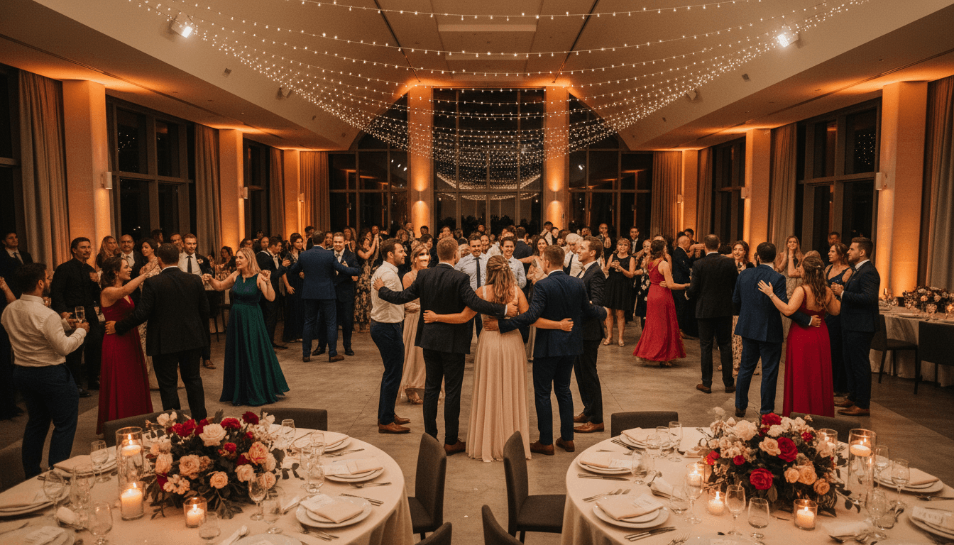Público bailando y celebrando en una boda con luces de discoteca y ambiente enérgico