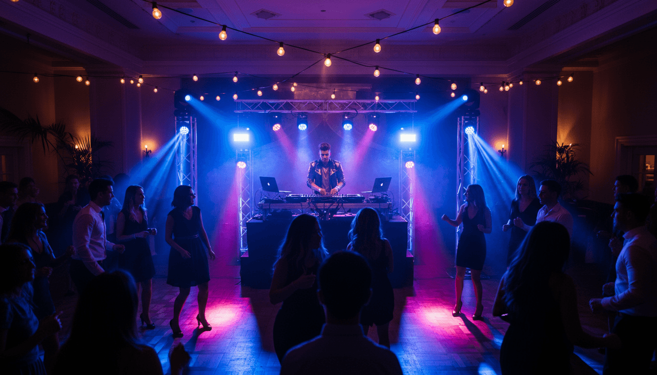 Invitados bailando y celebrando en una fiesta elegante con luces de colores